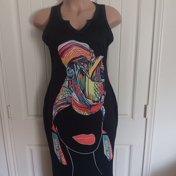 Black Tank Dress With Colorful Graphic Print Sleeveless V-Neck Size XXL - Picture 2 of 7